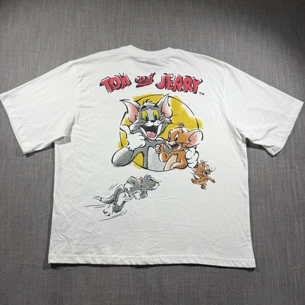 Tom And Jerry Shirt Mens XL White Double Sided Cartoon Graphic Tee Tom Cat Mouse